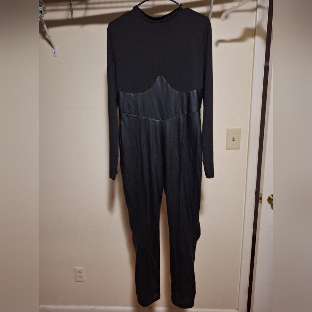 Black Long Sleeve dual material Jumpsuit with pleather bottom